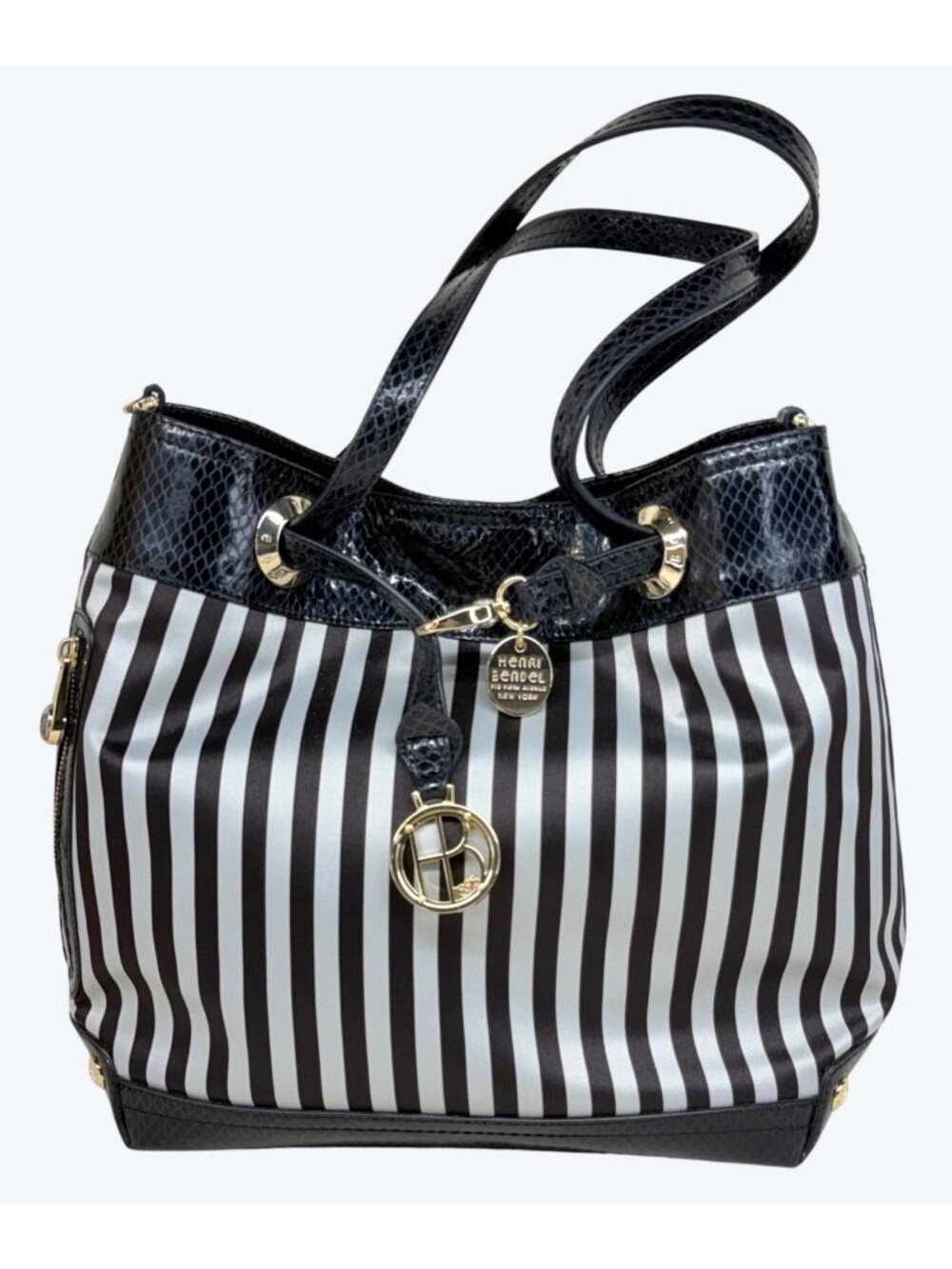 Henri Bendel Striped Handbag Purse Bag Signature Dark Brown & White Stripe